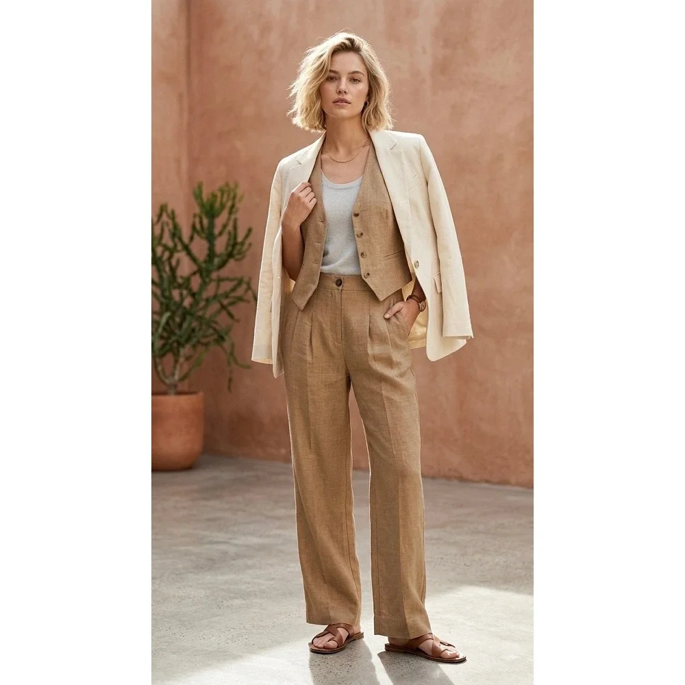 Banana Republic High Rise Pleated Linen Pants Iced Latte Brown 4 Petite